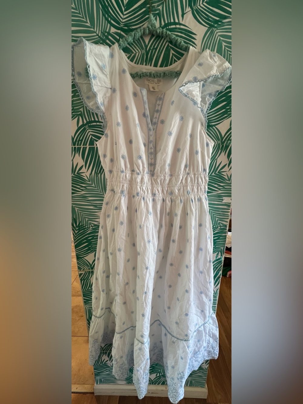 Rachel Zoe White Midi Dress with Pale Blue Embroidery